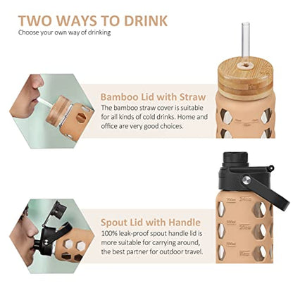 MUKOKO 24oz Glass Water Bottle, Amber | Glass Tumbler with Straw, Drinking Bottles with 2 Lids-Handle Spout Lid & Bamboo Straw Lid, Silicone Sleeve, 1 Pack - color: Amber, size: 24 Ounces