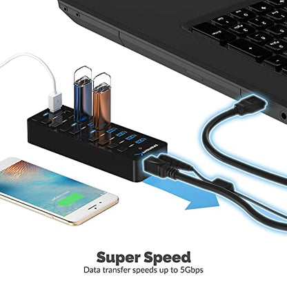 SABRENT 10-Port USB 3.0 Hub, Individual Power Switches and LEDs, 3 Smart Charging Ports, 60W Power Adapter, for PC, Mac, Xbox, PS5, Laptop, Desktop, USB Devices (HB-B7C3) - size: 10-Port - 7 USB 3.0 + 3 Charging