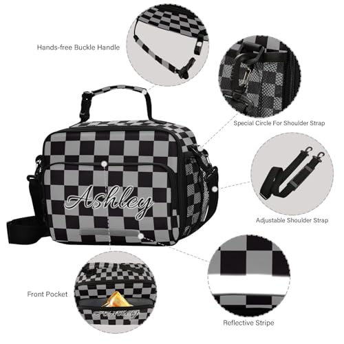 Custom Student Lunch Bag for Boys Girls Gray Black Checkered Personalized Lunch Box With Name Insulated Cooler Bag for School Picnic Travel - color: Multi19