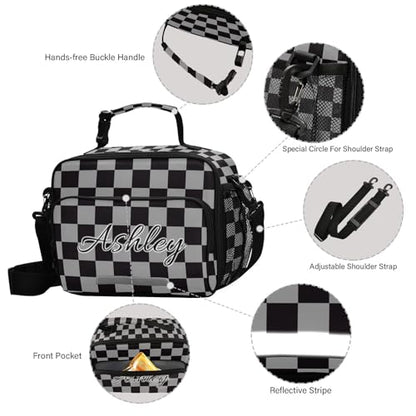 Custom Student Lunch Bag for Boys Girls Gray Black Checkered Personalized Lunch Box With Name Insulated Cooler Bag for School Picnic Travel - color: Multi19