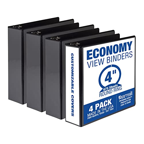 Samsill 4 Inch 3 Ring Binders, Economy Round Ring, Clear View Cover, 675 Sheet Capacity - for School, Home, Office - Black, 4 Pack - size: 4-Pack, style: 4 Inch
