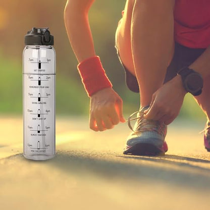 32oz Sports Motivational Glass Water Bottle with Time Maker, Large Reusable Glass Drinking Bottle with Flip Lid and Sleeve, BPA Free
