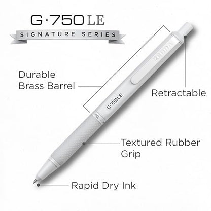 Zebra Pen G-750LE Signature Series Retractable Gel Pen, Black Ink, 0.7mm Medium Point, Pearl White Durable Compact Brass Barrel, Comfort Grip, Rapid Dry Ink, Japanese Craft Detail, 1-Pack (49611)