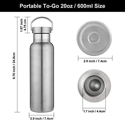 Neihepal Silver Stainless Steel Water Bottles,20 Ounce Vacuum Insulated Double Wall Travel Bottle with Leak Proof Lid of Handle,Metal Reusable Standard Mouth Flask Thermoses for School,Hikers,Gift - color: Silver