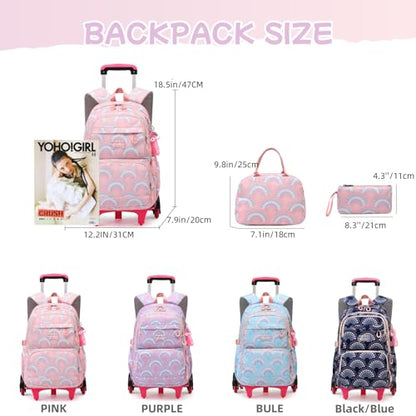 3Pcs Girls Rolling Backpack Kids Bookbag with Wheels Set Elementary Students Outdoors Trolley Schoolbag - color: Pink 6 Wheels-b