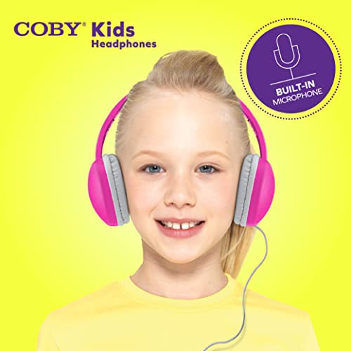 Coby Wired Kids’ Headphones, Over-Ear Headphones with 3.5-Millimeter Jack and Soft Cushions for School, Learning, and Travel, 85 dB Volume Limit, Built-in Microphone, Adjustable Headband, Black - color: BLACK
