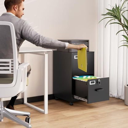 BYNSOE 2 Drawers File Cabinet with Lock Metal Vertical File Cabient with Wheels Mobile File Cabinet for Office Home Legal/Letter/a4 Size Require Assembly - color: Black, size: 2 Drawers-wheels