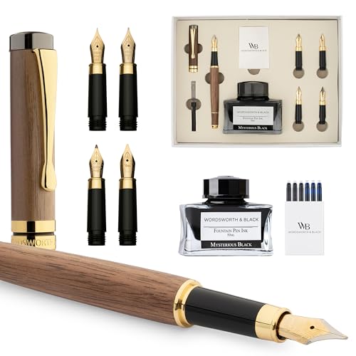 Wordsworth & Black Fountain Pen Gift Set, Includes Ink Bottle, 6 Cartridges, Refill Converter, 4 Replacement Nibs, Luxury Bamboo, Journaling, Calligraphy, Smooth Writing Pens [Brown Wood] - color: Brown Wood