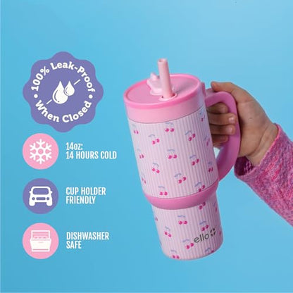 Ello Oasis 14oz Stainless Steel Toddler Tumbler with Handle & Retracting Straw, 100% Leakproof, Double-Wall Vacuum Insulated, Kids Water Bottle for School, BPA Free, Dishwasher Safe, Preppy Cherries - color: Preppy Cherries, size: 14 Ounces