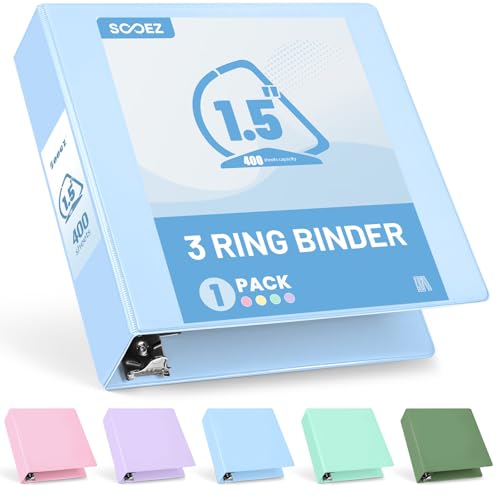 Sooez BinderX Extra Durable 1.5 Inch 3 Ring Binder, D-Ring Large Binders, Holds 400 Sheets of 8.5x11 Paper, Customizable View Cover with Inside Pockets, Heavy Duty 3 Ring Binder for School,Light Blue - color: Light Blue, size: 1.5 inch
