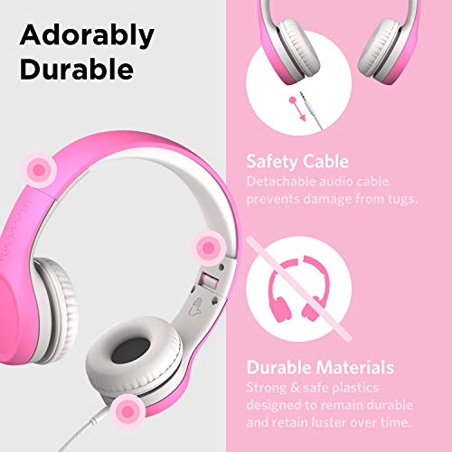 LilGadgets Connect+ Foldable Headphones, Adjustable Fit Soft Touch Padding for Kids with Mic, Volume-Limited & Noise Reduction On-Ear Wired Headset for School with SharePort - Pink, Ages 3-14 - color: Pink