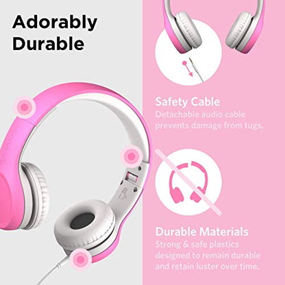LilGadgets Connect+ Foldable Headphones, Adjustable Fit Soft Touch Padding for Kids with Mic, Volume-Limited & Noise Reduction On-Ear Wired Headset for School with SharePort - Pink, Ages 3-14 - color: Pink