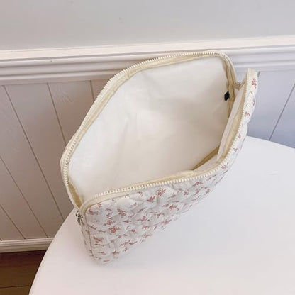 14 inch Maple Leaf Soft Pad Tablet Bag Embroidery Puffy Protective Case Shockproof Cute Quilted Laptop Sleeve Commute Work Study Bag - color: Pink Leaf