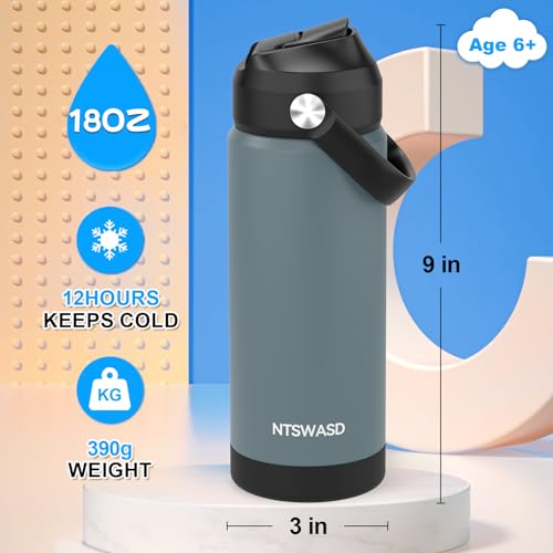 Kids Water Bottle with Straw,18 oz Boys Insulated Cups with Stainless Steel Leak Proof for School Boys Girls,Sport&Travel（Grey） - color: B17.Grey