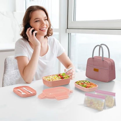 JBGOYON® Bento Lunch Box Set - 3 Stackable Containers for Adults and Kids，lunch box for women- Includes Lunch Bag, Leak-Proof and BPA-Free - Built-in Utensil Set - Dishwasher Safe (Pink) - color: Pink set