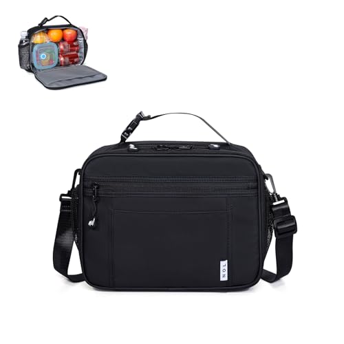 NNOL Natural Organic Lifestyle Reusable Insulated Kids Lunch Bag – Water-Resistant Easy-Clean Fabric, Multiple Zip Pockets, Holds Lunch Box & Water Bottle for School, Black - color: Black, size: Horizontal (6 Liters)