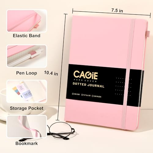 CAGIE Bullet Dotted Journal Notebook 320 Pages 100 GSM Paper Hardcover B5 Dot Grid Notebook Leather Journals for Writing Women Men Work Journaling, Pink - color: Pink, style: Dotted B5