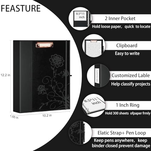 3 Ring Binder 1 Inch, Leather Binders with Clipboards, KLLVE Three Ring Binder with 10 Pocket Divider(Black, Letter Size) - color: Black