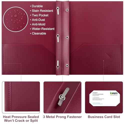 Cholemy 72 Packs Pocket Folders with Prongs Heavy Duty Plastic Folder with Business Card Slot 3 Prong Fasteners for School Office (Burgundy) - color: Burgundy