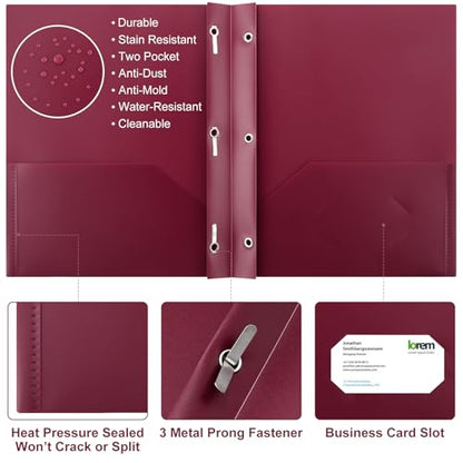 Cholemy 72 Packs Pocket Folders with Prongs Heavy Duty Plastic Folder with Business Card Slot 3 Prong Fasteners for School Office (Burgundy) - color: Burgundy