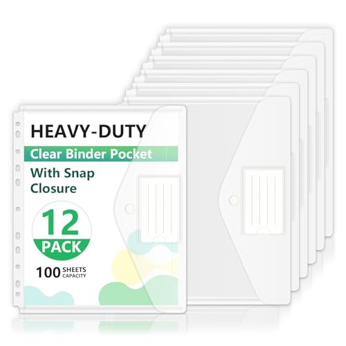 HOUYEE 12 Pack Clear Binder Pocket, 11 Holes Heavy-Duty Plastic Binder Pouch with Snap Closure for 2/3/4 Ring Binder, Clear Binder Folders for Office, 8 Mil,100 Sheet Capacity, Letter Size
