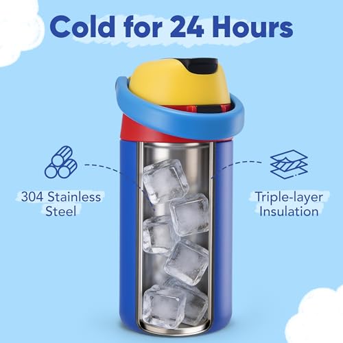 Fijinhom 12 oz Toddler Water Bottle with 2-in-1 Lid, 304 Stainless Steel Insulated Bottle, Kids Water Bottle for School Boys Girls, Leak-Proof Great for Sport, Travel & Gift, Technology Blue - color: Technology Blue