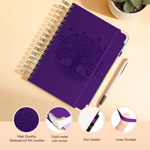 QIYVLOS Hardcover Spiral Notebook, B5 Journal with Removable Dividers Tabs, 5 Subject Notebook College Ruled, 320 Pages 8"x10" Leather Notebooks for Work School Study, Lined Journal for Women, Purple - color: B5/Purple