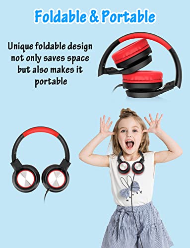 Voopwink Kids Headphones with Microphone, Wired Over Ear Headsets with Limited Volume 85dB/ 94dB for Boys Girls Teens Children Online School/Travel/iPad/Tablet/Cellphone - color: Red-Black, size: Plug 3.5mm