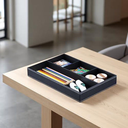 KINGFOM Pu Leather Desk Organizer Tray, 4 Compartment Office Storage Supplies Stationery Drawer Tray, Nightstand Bedside Tray for Key, Wallet, Sunglass, Watch, Coin, Phone Valet Tray Stackable Black - color: Black