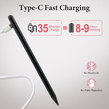 Universal Stylus Pen for iPad iPhone Android Tablets, No Bluetooth or Pairing Needed, USB-C Fast Charging, 4 LED Battery Indicators, Works with Most Touchscreen Devices, Black