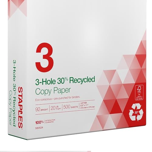 Staples 30% Recycled 8.5-Inch x 11-Inch Copy Paper 20 lbs 92 Brightness 500/Ream, For Office, School & Home - size: 500 Sheets, style: Recycled