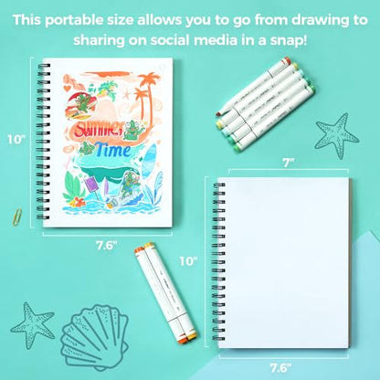 Ohuhu Double-Sided Marker Pad Art Sketchbook Bleedproof - 7"x10" Large Paper Size - 90 LB/150 GSM Smooth Drawing Paper - 60 Sheets/120 Pages - Spiral Bound Sketching Book for Alcohol Markers - size: 7" x 10”