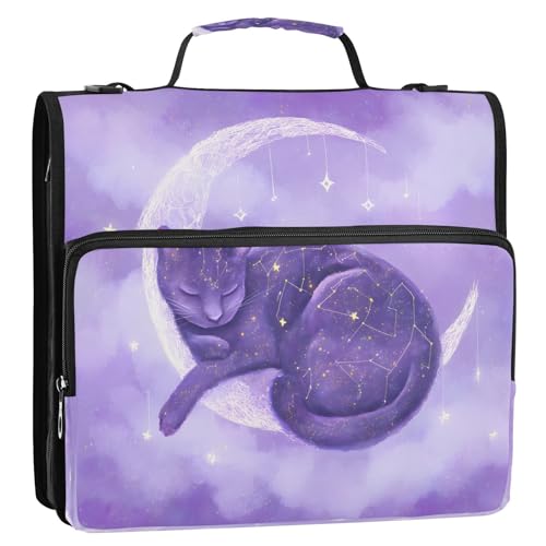 3 Ring Zipper Binder Purple Cat Moon Binders Bag with Shoulder Strap 500 Sheets Paper Organizer Trapper Keeper Documents Storage File Folder for School Office - color: A1819