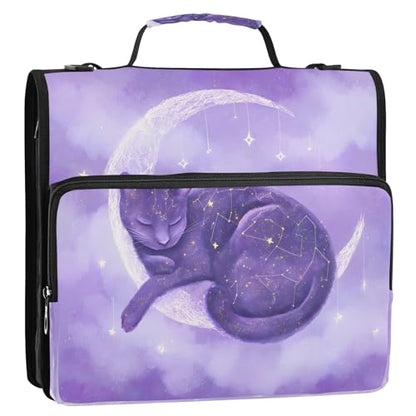 3 Ring Zipper Binder Purple Cat Moon Binders Bag with Shoulder Strap 500 Sheets Paper Organizer Trapper Keeper Documents Storage File Folder for School Office - color: A1819