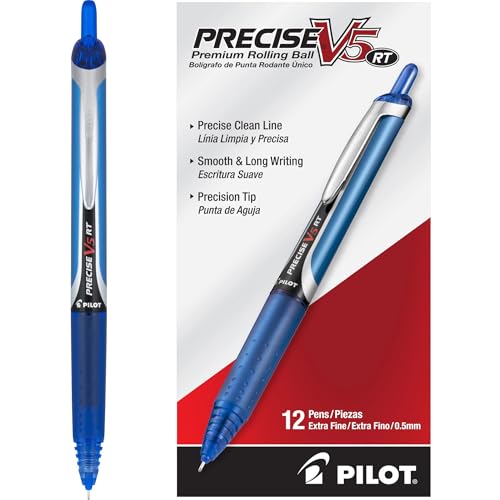 Pilot Precise V5 RT Refillable & Retractable Rollerball Pens, Extra Fine Point Pens 0.5 mm, Blue, Pack of 12 - Ideal for School, Journaling & Office Writing - color: Blue, size: 12 Count (Pack of 1)