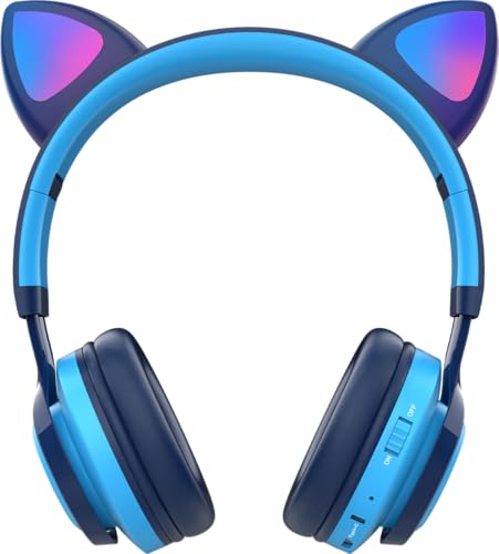 Riwbox CT-7 Cat Ear Bluetooth Headphones, LED Light Up Bluetooth Wireless Over Ear Headphones with Microphone and Volume Control for Travel/School/Smartphones/Laptop/PC/TV (Blue) - color: Blue