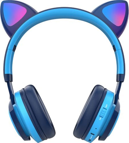 Riwbox CT-7 Cat Ear Bluetooth Headphones, LED Light Up Bluetooth Wireless Over Ear Headphones with Microphone and Volume Control for Travel/School/Smartphones/Laptop/PC/TV (Blue) - color: Blue