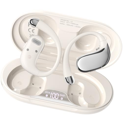 Open Ear Headphones Bluetooth 5.4, 62H Playtime, Air Conduction Wireless Earbuds with Ergonomic Earhooks, ENC Mic,IPX5,Physical Buttons, Comfort-Fit for Running, Cycling, Workouts - color: White