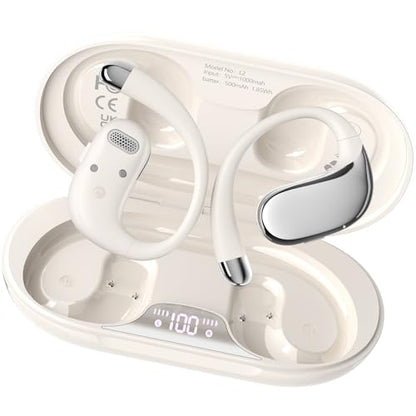 Open Ear Headphones Bluetooth 5.4, 62H Playtime, Air Conduction Wireless Earbuds with Ergonomic Earhooks, ENC Mic,IPX5,Physical Buttons, Comfort-Fit for Running, Cycling, Workouts - color: White