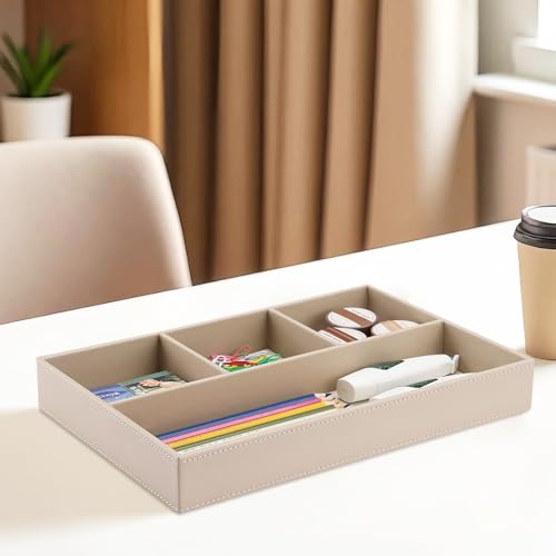 KINGFOM 4-Slot Leather Drawer Tray Desk Stationery Sundries Organizer Storage Box Pen Pencil Holder Case Container (Dark Beige) - color: Dark Beige