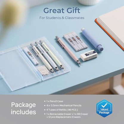 Nicpro Cute Mechanical Pencil Set, 4PCS 0.5mm Pastel Drafting Pencils with 4 Tube HB Lead Refills, 4B Erasers, Rotary Retractable Eraser and Eraser Refill for Writing Sketching Back to School Supplies - style: 0.5mm