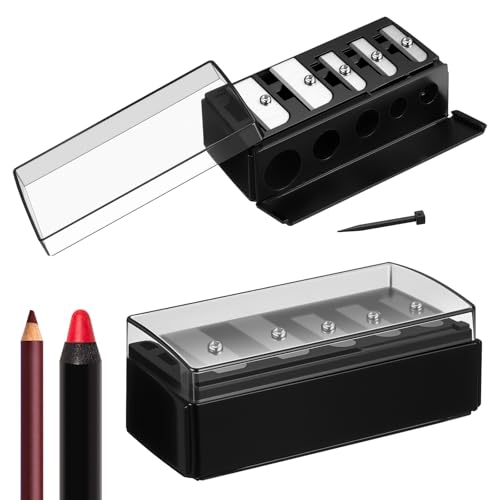 Honoson 2 Pcs 5 Hole Cosmetic Long Point Manual Pencil Sharpener with Plastic Lid Makeup Eyeliner Pencil Sharpener(Black) - color: Black