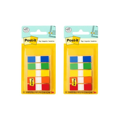 Post-it Flags, .47 in x 1.7 in, 5 Assorted Colors, 2 Pack, Model 683-5CF | 100 Flags/Pack, 20 Each Red, Bright Orange, Yellow, Green, and Blue - color: Assorted - 2 Pack