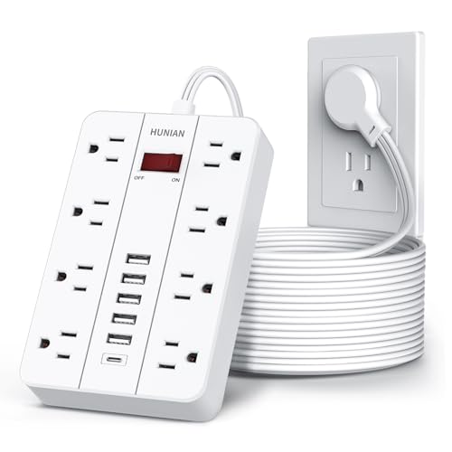 Extension Cord Power Strip 15 Ft, HUNIAN Flat Plug with 8 Widely Spaced Outlets 6 USB (1 USB C Port), Wall Mount Charging Station for Home and Office - color: White, size: 15FT