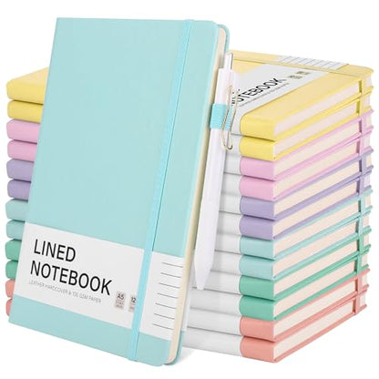 Aodaer 12 Set Lined Notebook Journals with Pens A5 Notebooks 100 GSM College Ruled Hardcover Notebook PU Leather Notepad with Pen Holder for Office School, 5.7 x 8.3 Inches, Light Multicolor - color: Light Multicolor