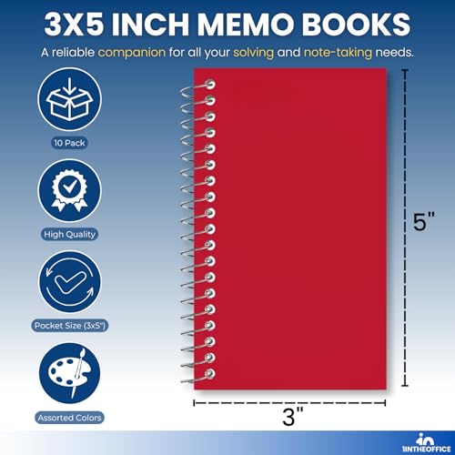 1InTheOffice Wirebound Spiral Memo Books, Memo Pads, 3" x 5", College Ruled, Small Notepad 3x5, Assorted, 75 Sheets/Pad, 10 Pads/Pack