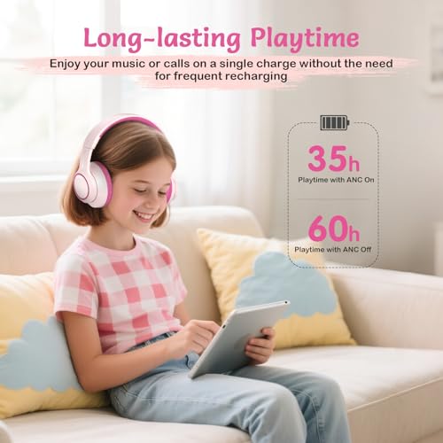 TONOSHARK Kids Bluetooth Headphones with Active Noise Cancelling, Wireless Over-Ear Headphones for Boys Girls, Foldable, Adjustable, 40H Playtime, Mic for School Travel(Pink) - color: Pink