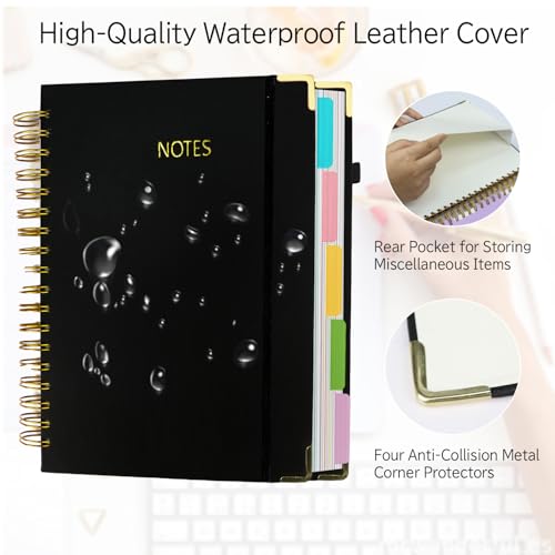 Layway 5 Subject College Ruled Notebook, Hardcover Spiral with Removable Dividers - 8x10 Inch 300 Pages No Bleed Paper for School, College, Work, Students (Black)