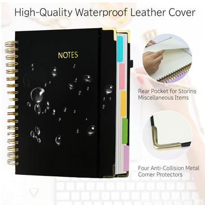 Layway 5 Subject College Ruled Notebook, Hardcover Spiral with Removable Dividers - 8x10 Inch 300 Pages No Bleed Paper for School, College, Work, Students (Black)