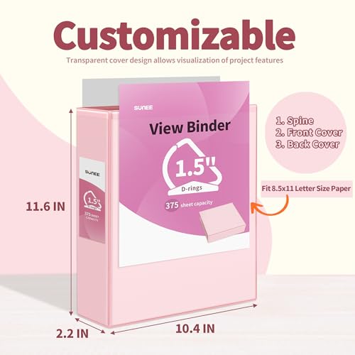 SUNEE 3 Ring Binder 1.5 Inch D Ring, Clear View Binder Three Ring PVC-Free (Fit 8.5x11 Inches) for School or Office Supplies, Assorted Pastel, 4 Pack - size: 1.5 Inch